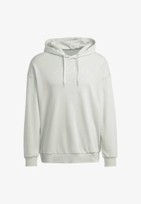 Hellgrüner Kapuzenpullover aus Fleece-Material, mit einer lockeren Passform, gerippten Bündchen und geprägtem Logo auf der Vorderseite.
