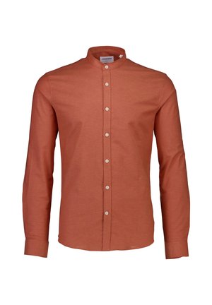 Long-sleeve shirt in rust-colored fabric with a mandarin collar, featuring a button-down front and plain design. Smooth texture with no patterns.