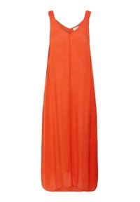 Orange ärmlös klänning med V-ringning, flödande silhuett och texturerade axelremmar. Tillverkad av lätt, smidig tyg.