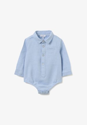 Bodysuit azzurro chiaro a maniche lunghe con colletto, chiusura con bottoni, taschino sul petto e texture morbida. Adatto per neonati.