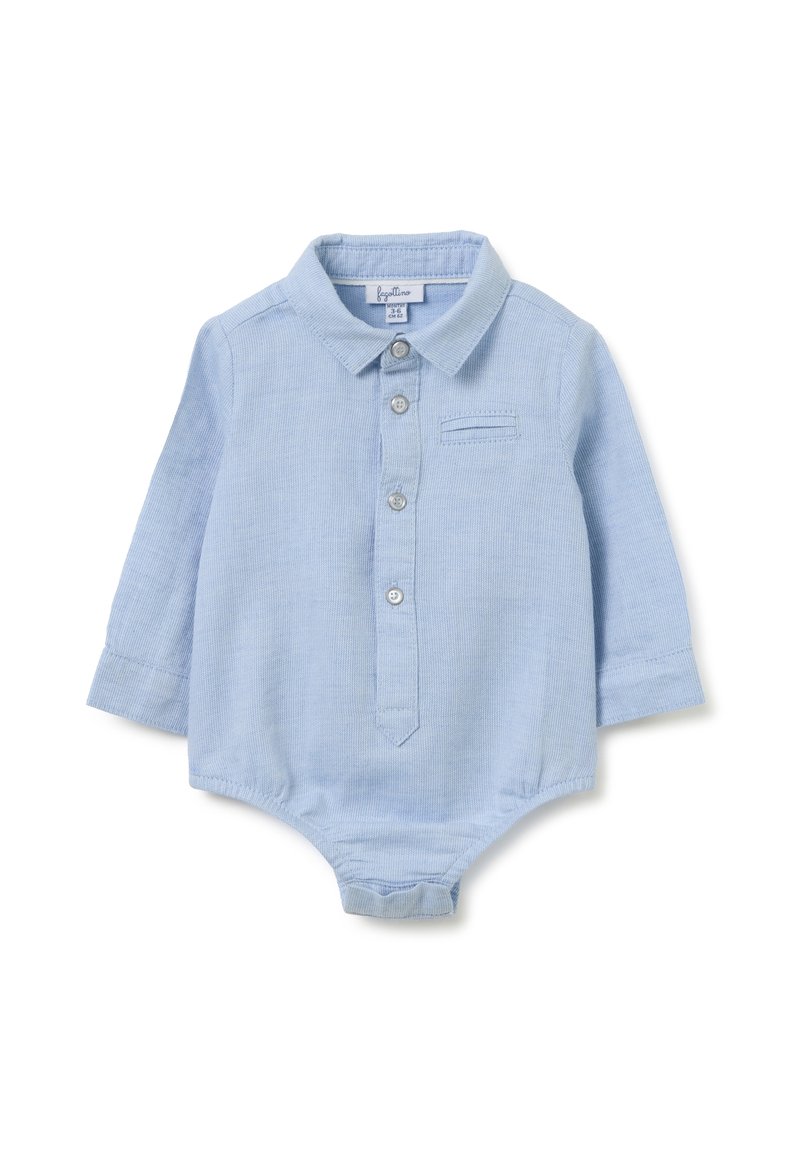 Bodysuit de manga larga azul claro con cuello de solapa, botón en la parte delantera, pequeño bolsillo en el pecho y textura suave. Adecuado para bebés.