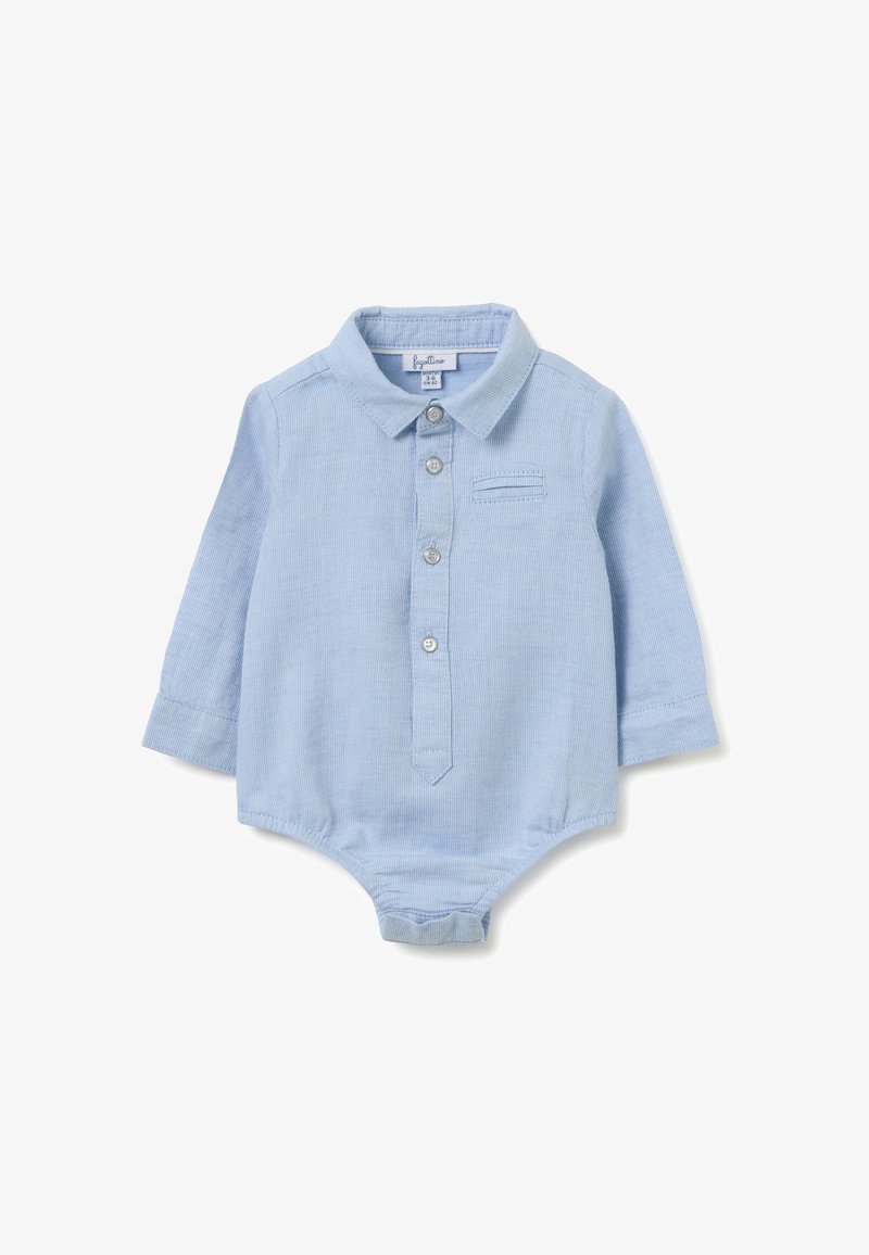 Bodysuit de manga larga azul claro con cuello de solapa, botón en la parte delantera, pequeño bolsillo en el pecho y textura suave. Adecuado para bebés.