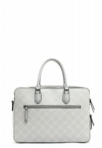 Grå tekstureret taske med et quiltet mønster, der har to afrundede top-håndtag, en frontlomme med lynlås og sorte lynlåsdetaljer.