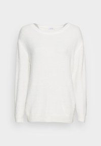 Maglione bianco oversize realizzato in un morbido tessuto testurizzato. Presenta un ampio scollo e lunghi maniche con polsini e orlo a coste.