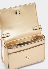 Borsa in metallo dorato con chiusura a scatto, caratterizzata da una superficie in pelle liscia, tracolla a catena e rivestimento interno a motivo.