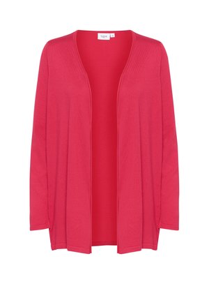 Rosa offene Strickjacke mit langen Ärmeln, aus leichtem Stoff gefertigt, mit glatter Textur und ohne sichtbare Verschlüsse oder Muster.