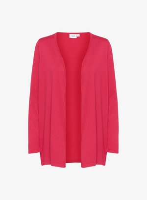 Rosa offene Strickjacke mit langen Ärmeln, aus leichtem Stoff gefertigt, mit glatter Textur und ohne sichtbare Verschlüsse oder Muster.