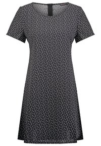 Vestido negro con mangas cortas, estampado floral en blanco y rojo, escote redondo, cremallera en la parte posterior y silueta acampanada, hecho de tela texturizada.