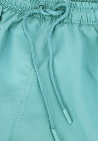 Aqua-blauwe, lichte zwemshorts met een elastische tailleband en een verstelbaar trekkoord. Gladde textuur en minimale stikdetails.