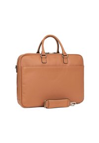 Bruine leren laptoptas met dubbele handvatten aan de bovenkant, rechthoekige vorm, een gestructureerde buitenkant en een afneembare schouderband met zilveren hardware-accenten.