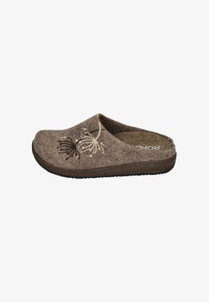 Brown felt clog with floral embroidery in beige and black. Cushioned insole and rubber sole for grip. Rounded toe and slip-on design.