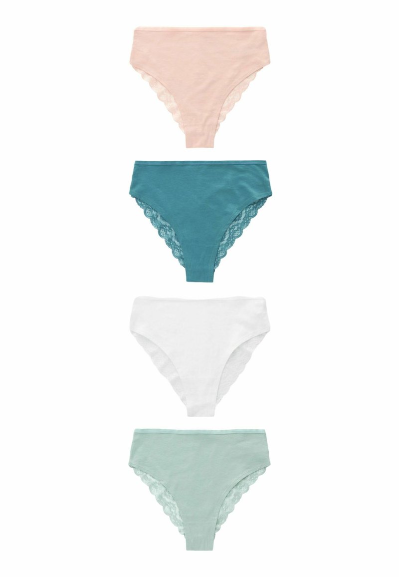 Fyra par kvinnors trosor i pastellfärger: ljusrosa, teal, vit och mintgrön. Varje par har en scalloped spetskant och är tillverkade av bomull.