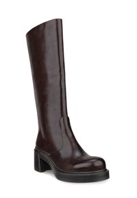 Brown knee-high boot with a sleek design, featuring a chunky heel and smooth leather finish. Suitable for casual or formal wear.