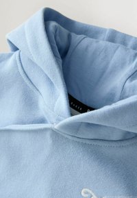 Jasnoniebieska bluza z kapturem, wykonana z miękkiego dzianinowego materiału, z prążkowanymi mankietami i kapturem ze sznurkiem. Biały haftowany detal przy dolnym brzegu.