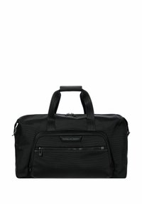 Sac de sport en tissu noir durable avec deux poignées supérieures, un compartiment principal zippé et une poche avant au design élégant et à la finition texturée.