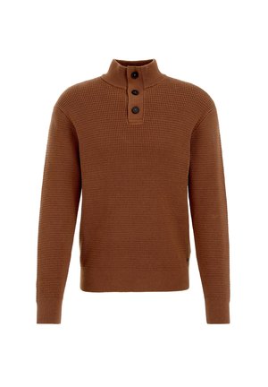 Pulover tricotat maro cu guler înalt, trei butoane închise la culoare la gât și material texturat. Design ajustat cu manșete și tiv cu nervuri.