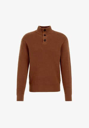Pull en tricot marron avec un col montant, trois boutons foncés au niveau du cou et un tissu texturé. Design ajusté avec des poignets et un ourlet côtelés.
