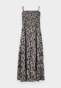 Robe longue sans manches avec fines bretelles, corsage smocké et tissu beige avec imprimé floral abstrait noir.