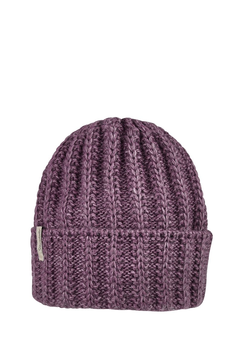 Purple knitted ribbed wool beanie hat with folded cuff and small fabric label on the side against white background.