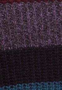 Knitted fabric with horizontal stripes in dark purple, light purple, black, and teal. Texture is soft with a ribbed pattern.