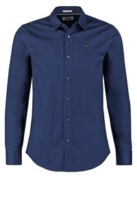 Mörkblå slim-fit skjorta för herrar med långa ärmar, knappstängning framtill, spetsig krage och liten brödlogg på vänster sida.