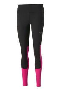 Czarne legginsy sportowe z różowymi panelami po bokach, wykonane z elastycznej tkaniny. Posiadają logo na dolnej lewej nodze oraz gładki pasek w talii.