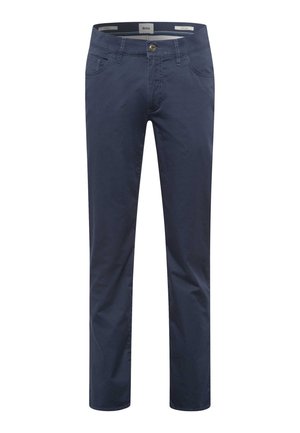 Navy blue trousers made of cotton blend fabric with a slim fit, five-pocket design, and a button closure at the waist. Smooth texture.