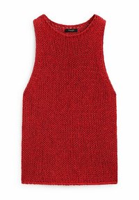 Haut en maille sans manches rouge, présentant une texture lâche et un col rond, avec des bords coupés droits et sans ornements supplémentaires.