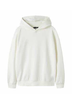Witte pullover hoodie met lange mouwen en geribbelde manchetten en zoom, afgebeeld tegen een effen witte achtergrond.