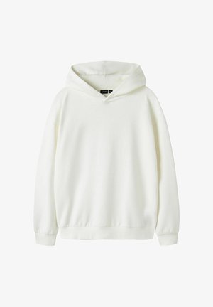 Hvit genser med hette, lange ermer og ribbestrikkede mansjetter og kant, vist mot en ensfarget hvit bakgrunn.