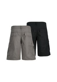 Cargo shorts in gray and black, featuring multiple side pockets, a straight design, and durable fabric for outdoor use.