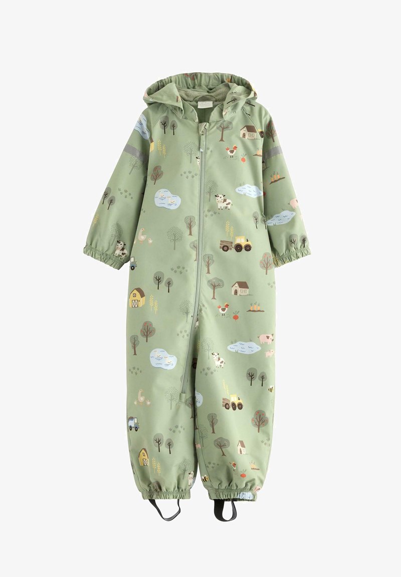 Vihreä vedenpitävä haalari, jossa on vetoketjusuljenta, joustavat hihansuut ja leikkisät maatilateemaiset kuviot, joissa on eläimiä, puita ja maisemia.