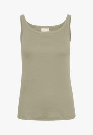 Olivza zaļa kokvilnas topiņš ar apaļu kakla izgriezumu, slaida piegriezuma un bez redzamām rakstu zīmēm. Gluda tekstūra, pabeigts ar taisnu apakšmalu.