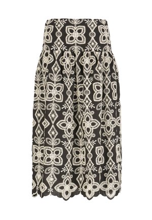 Czarna spódnica z wysokim stanem, zdobiona kremowymi, misternymi kwiatowymi wzorami z koronki i falbankowatym obszyciem.