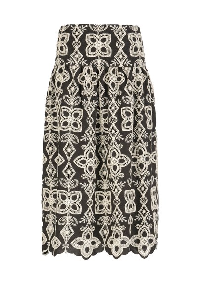 Zwarte rok met hoge taille, voorzien van crèmekleurige, ingewikkelde bloemenkantpatronen en een gegolfde zoom.