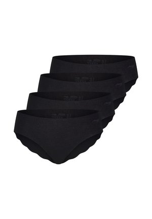 Four black seamless women's underwear with scalloped edges, arranged in a staggered stack against a white background.