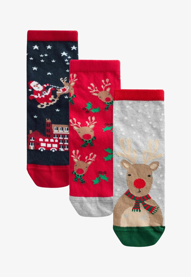 Drei Paare festlicher Socken: navyblau mit Santa und Sternen, rot mit Rentieren und Stechpalme, und grau mit einem Rentier und Punkten. Baumwollmischung.