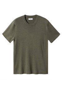 Khaki grøn kortærmet t-shirt lavet af blødt stof. Har en ribbet rund hals og en afslappet pasform uden synlige mønstre eller accenter.