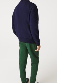Felpa blu navy dallo stile rilassato, con colletto alto e polsini a costine, abbinata a pantaloni jogger verdi dal design affusolato.