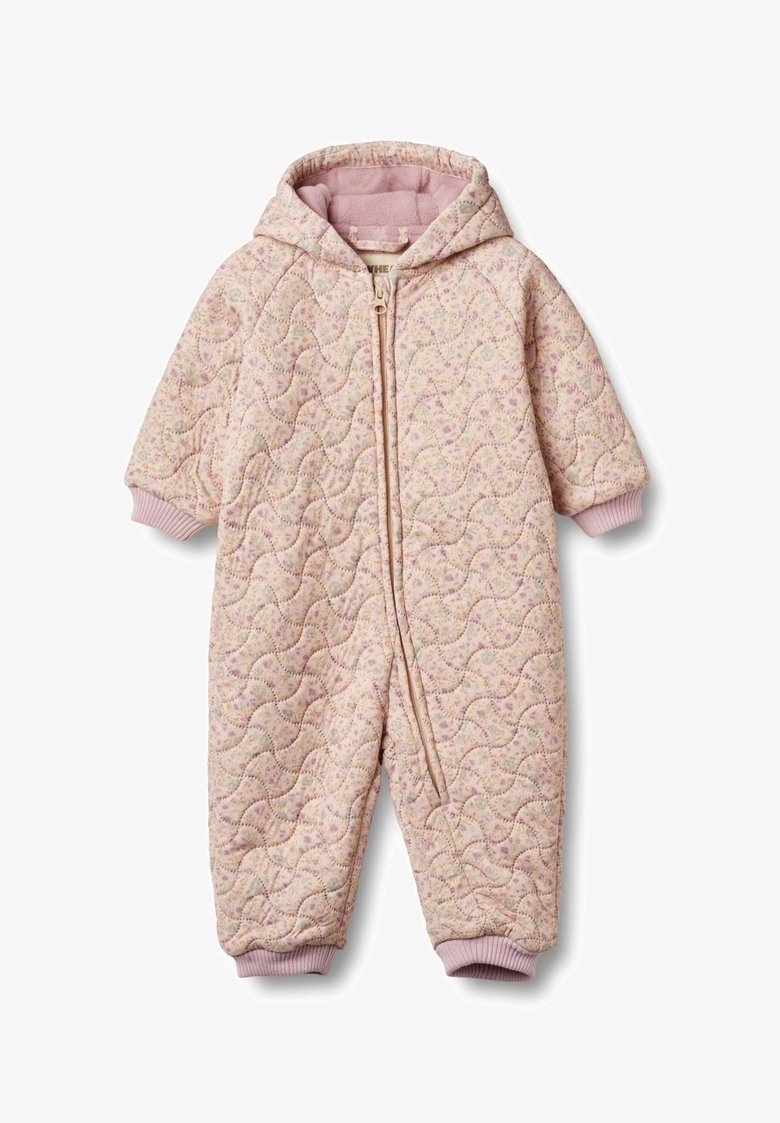 Quilted infant snowsuit in light pink with a floral pattern, features a front zipper, detachable hood, and ribbed cuffs.