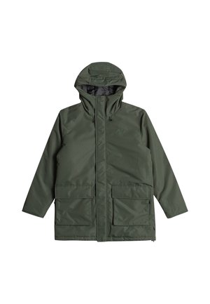 Olive green, waterproof parka with a hood, front zipper, two large patch pockets, and adjustable drawstrings. Smooth texture and durable fabric.