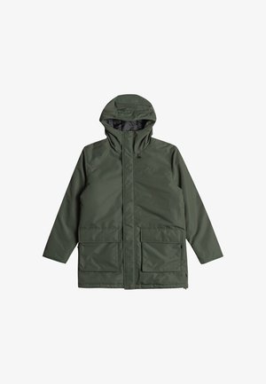 Olive green, waterproof parka with a hood, front zipper, two large patch pockets, and adjustable drawstrings. Smooth texture and durable fabric.