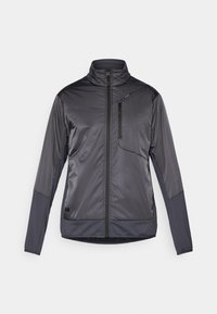 Siva jakna na zadrgo z visokim ovratnikom, izdelana iz lahkega in gladkega materiala ter z žepom na prsih na zadrgo. Ima kontrastne rokave.