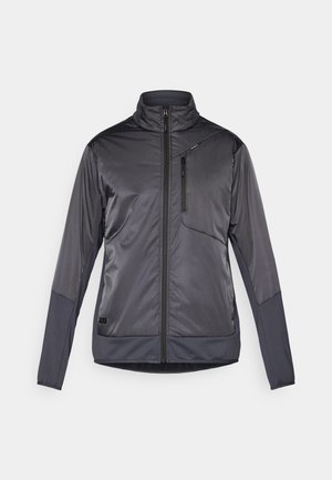 Casaco cinza com fecho de correr e gola alta, feito de um tecido leve e suave, com um bolso no peito com fecho. Inclui mangas em contraste.