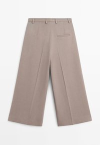 Beige wide-leg trousers with a flat front, belt loops, and a rear pocket. Made of smooth fabric with a clean, tailored appearance.