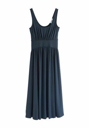 Sleeveless dark blue maxi dress with gathered waist and scoop neckline, made from soft, flowing fabric.