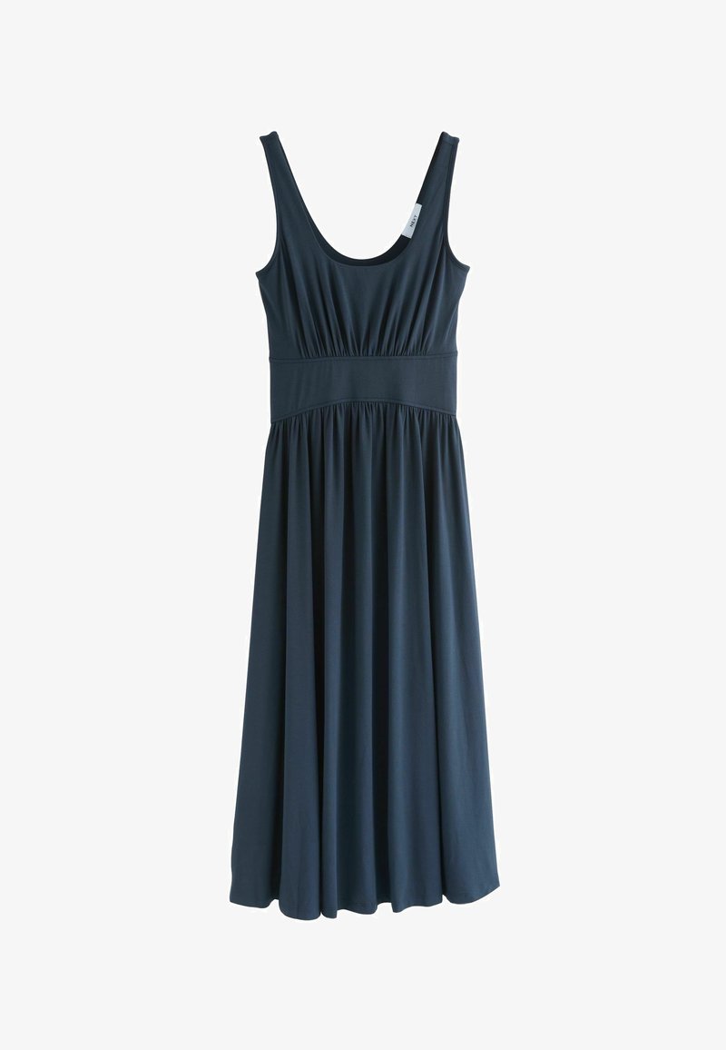 Ärmelloses dunkelblaues Maxikleid mit gerafftem Bund und runder Ausschnitt, aus weichem, fließendem Stoff gefertigt.