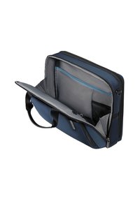 Borsa per laptop blu con manici doppi e chiusura a zip. Presenta un interno imbottito, numerosi scomparti e un rivestimento grigio a contrasto.