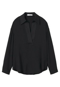 Schwarzes Langarmshirt mit Notchkragen, lockerer Passform und weichem Stoff. Verfügt über eine kragenlose Vorderseite und abgerundetem Saum.