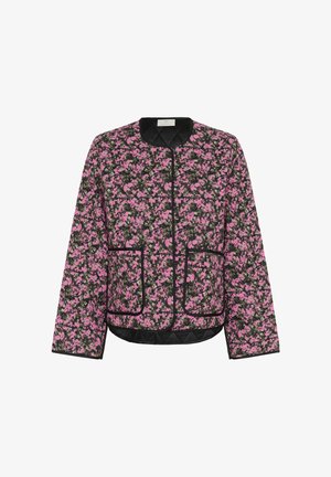 Gewatteerd jack met roze en zwart bloemmotief, ronde kraag, lange mouwen, zwarte bies en twee voorkantzakken.